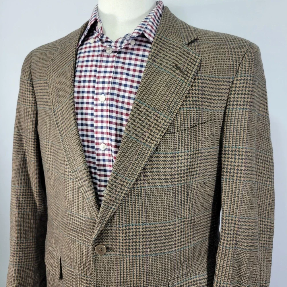 VTG JOS A BANK Men's Sport Coat Blazer Two Button‎ Brown Plaid 100% SILK 44R
